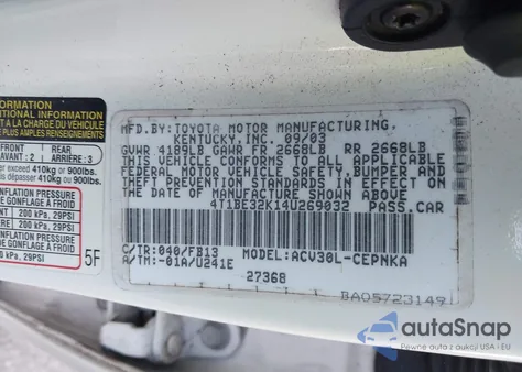 2004 Toyota Camry Le/Se/Std/Xle z USA, uszkodzony, nr VIN 4T1BE32K144269032